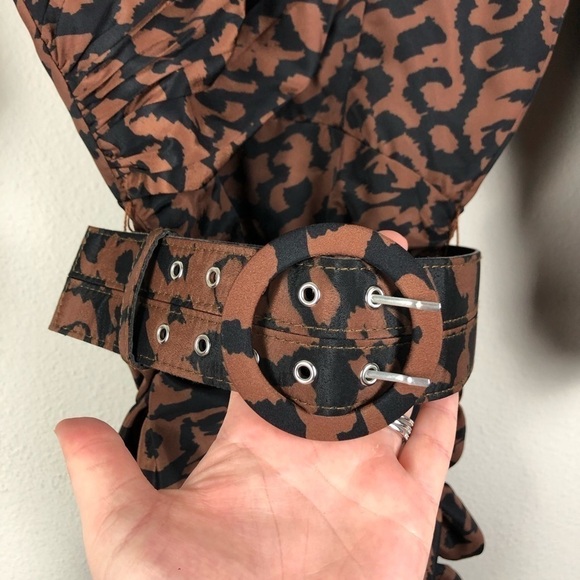 Nicholas Gathered Ruched Belted Leopard Print Mini Dress Brown Cocktail Party - Picture 4 of 9
